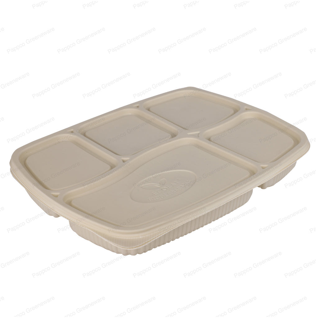 5 Compartment Meal Tray With Lid (Bioplastic - Cornstarch)