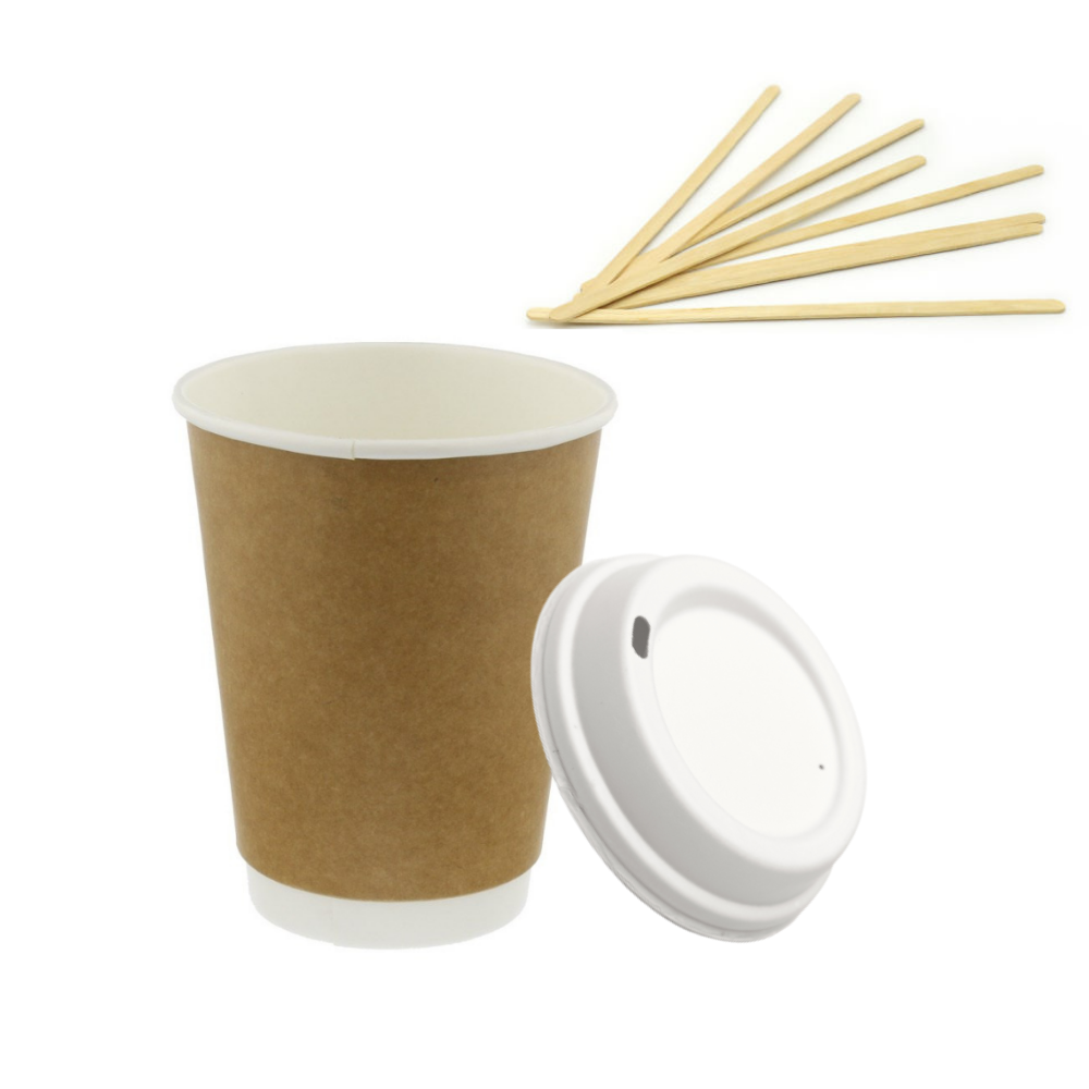 Disposable Coffee Takeaway Paper Cups, Lids & Wooden Stirrers