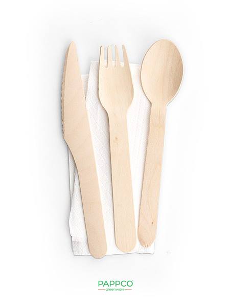 Disposable Wooden Cutlery Set (Wooden Spoon, Wooden Fork, Wooden Knife & Tissue)