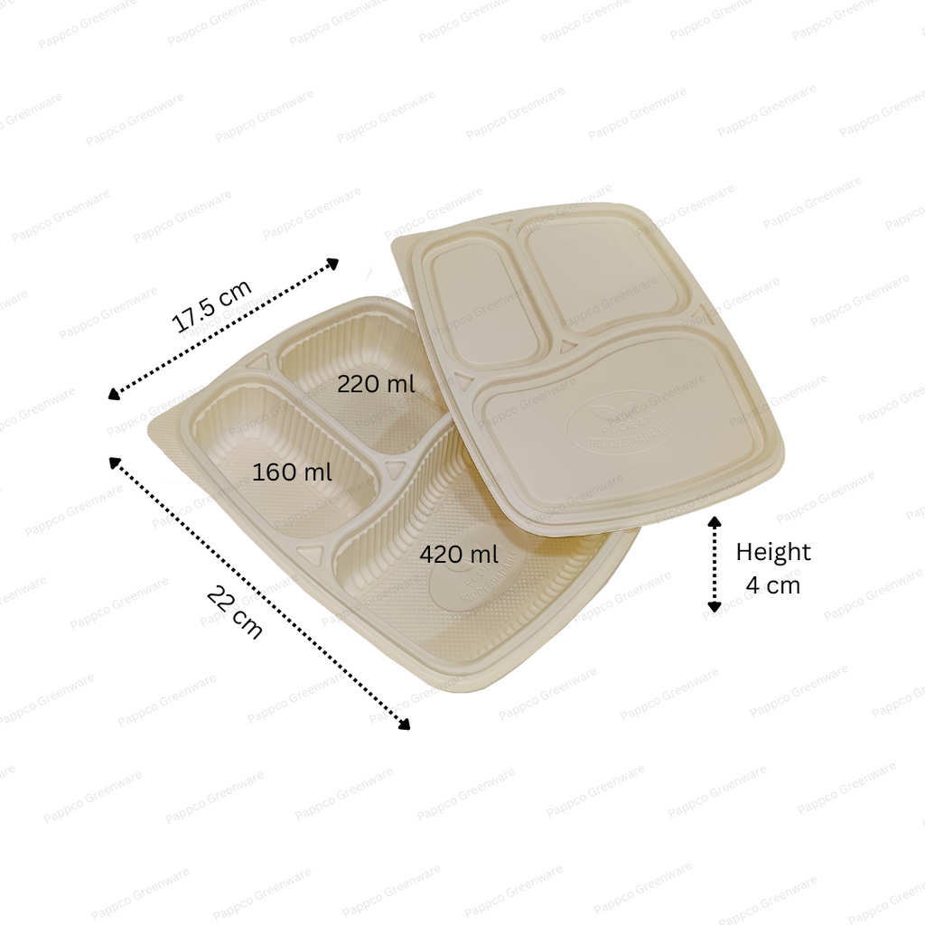 3 Compartment Meal Tray With Lid (Bioplastic - Cornstarch)